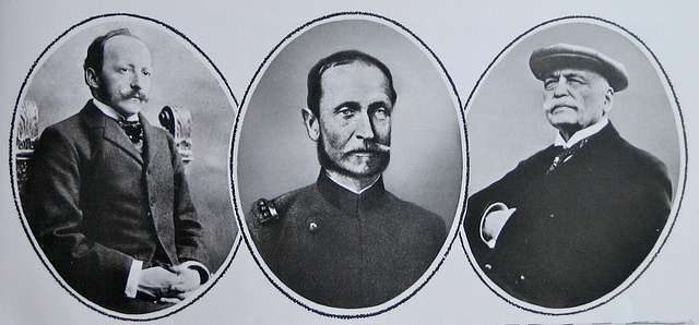 Three oval portrait photographs of men in late nineteenth-century dress: César Ritz, Max Pfyffer and Auguste Escoffier